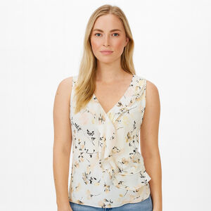 Women's WHBM White Yellow Floral Ruffle Sleeveless Blouse Top L
